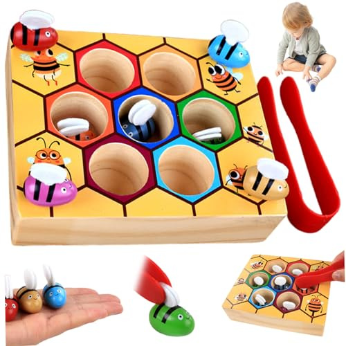 Nyutcwe Toddler Matching Game Hand-Eye Coordination Hive Board Game with 7 Beehives & 7 Bees Educational Wood Hive for Teamwork and Social Skills Development