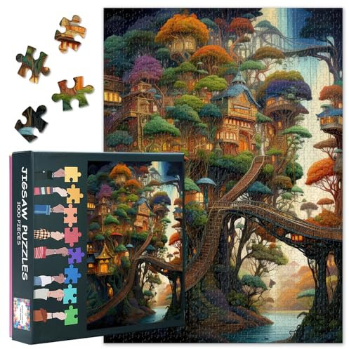 Lot de 1000 puzzles de cabanes dans les arbres complexes pour adultes - Puzzle difficile et difficile - Feuilles - Maisons dans les arbres - Décoration murale - Cadeau pour les amateurs de puzzle - 70