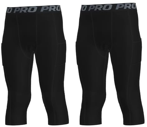 YUSHOW Boys Compression Pants 3/4 Length with Pocket Quick Dry Basketball Tights Boys Leggings for Athletic Running Sports Black