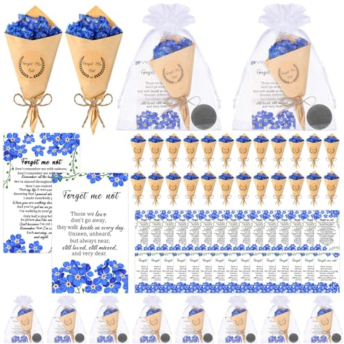 Suncalla 30 Sets Funeral Favors for Guest Forget Me Not Dried Flowers Bouquets Mini Magnet Dried Flower Bouquets with Cards and Organza Bags Celebration of Life Favors for Sympathy Gifts