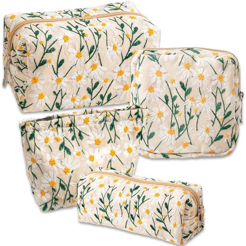 Neceser de Maquillaje en Algodón para Damas: 4 Bolsas de Viaje con Cremallera y Bordado de Margaritas, Guarda Brochas de Maquillaje y Artículos de Aseo (Beige)
