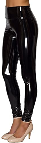 NewL Damen-Leggings, spiegelnd, Kunstleder, reflektierend, glänzend, Stretch, enge Hose, hohe Taille, schmal, Schwarz, XS Schlank