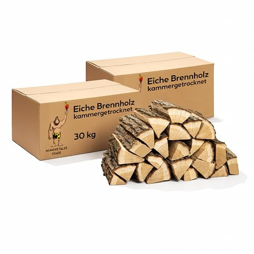 Neandertaler Feuer Brennholz Eichenholz Kaminholz - Grillholz 25 cm 60 kg | Hartholz Eichen Feuerholz | Holz für Grill Kamin Smoker Ofen | Firewood (60 kg)