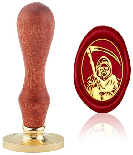 Hobbspring Vintage Skelett Siegelstempel Mit Sense Totenkopf 30x20mm Oval Austauschbarer Messingkopf Und Holzgriff Für Halloween Briefe Geschenkverpackung Deko