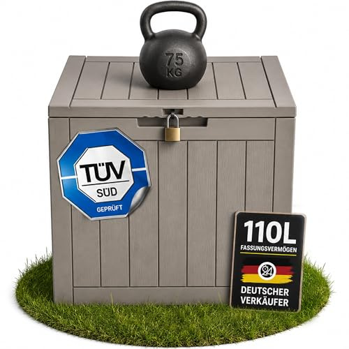 Ondis24 City Cube - Scatola in plastica per piscina, sedile, balcone, 110 l, beige, 55 x 43 x 53 cm, portata 75 kg, per proprietari di piscine e giardini