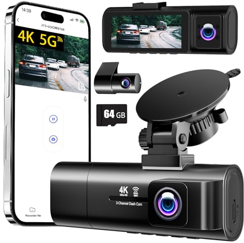 4K Dashcam Voiture, 3 canaux 4K+1080P+1080P FHD Triple Dashcam Voiture, WiFi 5 GHz, Écran IPS 3,16 Pouces,Carte 64 Go Incluse,Vision Nocturne,WDR, G-Sensor,Moniteur de Parking,Enregistrement en Boucle