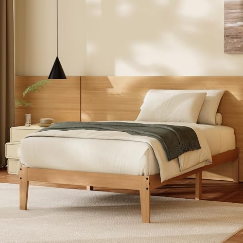 Tyndall Twin XL Bed Frame, 12 Inch Solid Wood Platform Bed with Wooden Slats, Natural Finish Wood Bed Frame with Underbed Space for Storage, Easy Assembly, No Box Spring Needed