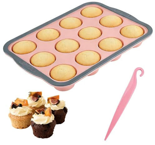 HXSYKJDM Silicone Muffin Trays 12-Cup, Silicone Muffin Trays Pink, 31x22.3x3.6cm