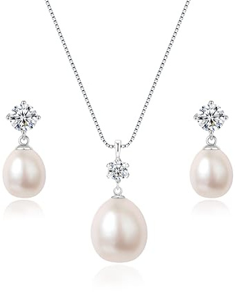 YAMI Perlenschmuckset für Damen, 9,5–11 mm Süßwasser-/Salzwasserperlenkette und 8–8,5 mm Perlenohrringe, Perlenohrringe Silber 925, Echte Perlenkette Damen, Ideal für Geschenke
