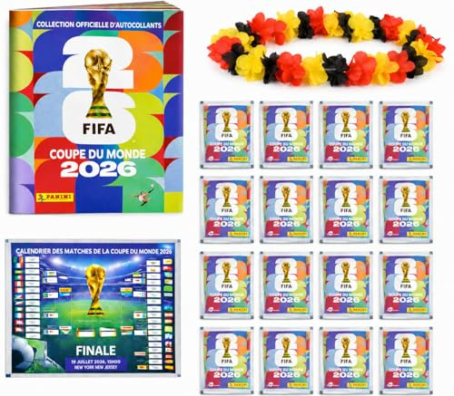 XXL Set Panini Coppa del Mondo 2026 Album Originale, Calendario Partite + Collana di Fiori Germania, Bundle XXL da Collezione (50 Bustine / 350 Figurine)