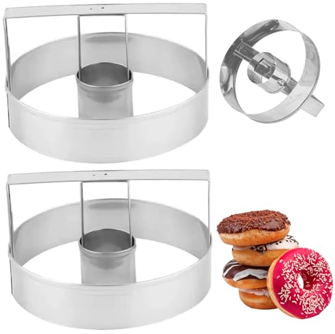 2PCS Stainless Steel Donut Cutter with Handle & Hole, Doughnut Cookie Biscuit Cake Cutter Mold for Baking, DIY Pastry Tool