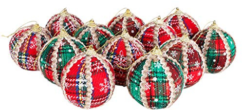 christmasshop Set di 12 palline di Natale di Tartan rosso con decorazione crema e nero