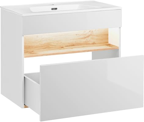 Lomadox Badmöbel Waschtisch Set mit 80cm Unterschrank und Keramik Waschbecken, Hochglanz Weiß mit Wotaneiche, LED-Bekleuchtung
