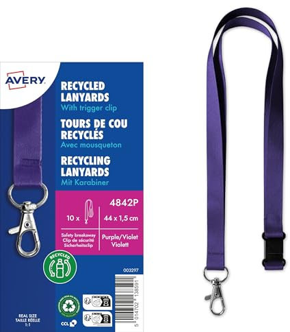 AVERY Zweckform 4842P Lanyard 10 Stück (44x1,5cm, Kartenhalter mit Karabinerhaken-Sicherheitsverschluss, Schlüsselband für Ausweishülle, Kartenhülle, Namenschilder, Umhängeband, Nackenband) lila