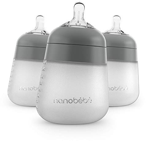 Nanobebe Flexy silikon babyflaska, anti-kolik, naturlig känsla, icke-kollapsande bröstvårta, icke-spets stabil bas, lätt att rengöra, 3-pack, grå, 255 ml
