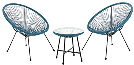 EVRE Goa Teal Acapulco Styled Egg Shape Conversational Garden Furniture Bistro Patio Outdoor Set For Balconies Gardens Terraces 2 Chairs 1 Glass Top Table