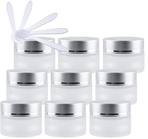 ZEOABSY 12 Pack Frosted Transparent Glass Cosmetic Jars, 15ml Empty Face Cream Storage Containers Pots with Frosted Silver Lid for Creams, Lotion, Lotion Ointment + 12x Spatula