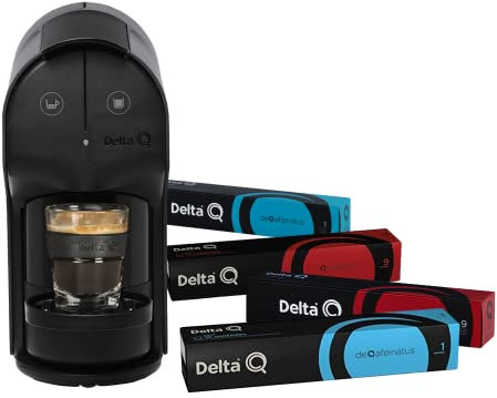 Delta Q - Pack Cafetière Delta Q Quick Gris - Pour café, thé et boissons chaudes - Simple et pratique - Design élégant - Comprend 100 capsules DeQafeinatus + Qharacter
