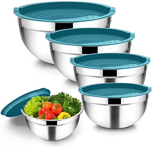 Homikit Rührschüssel, 5-teilig Edelstahl Blau Schüssel Salatschüssel Set mit Deckel für Küche, Stapelbar, Vielseitigkeit, Spülmaschinenfest, 4.5 L / 2.7 L / 1.5 L / 1.2 L / 0.7 L
