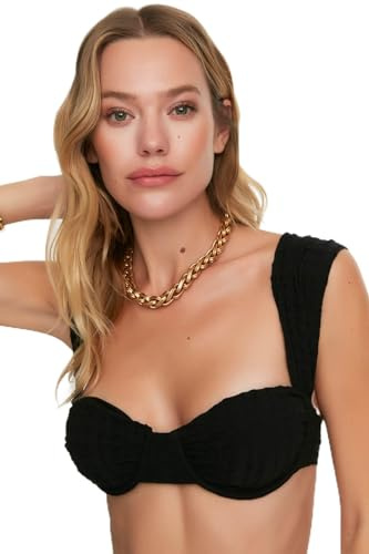 Trendyol Top Jacquard Strutturato Bikini, Nero, 50 Donna