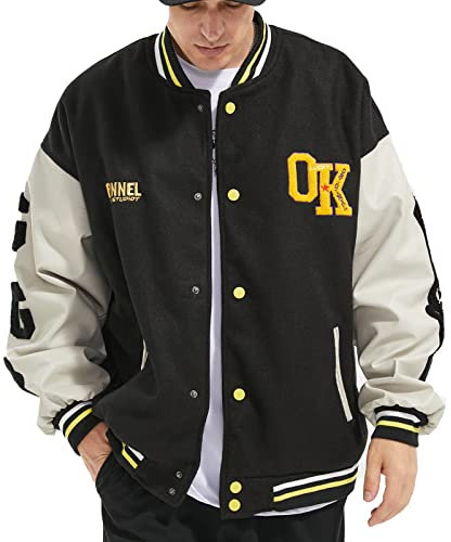GIJOVANA Chaqueta de Hombre College Entretiempo Chaquetas de Impresión Vintage Abrigo de Béisbol Bombardero para Mujer con Bolsillos(Negro,L)