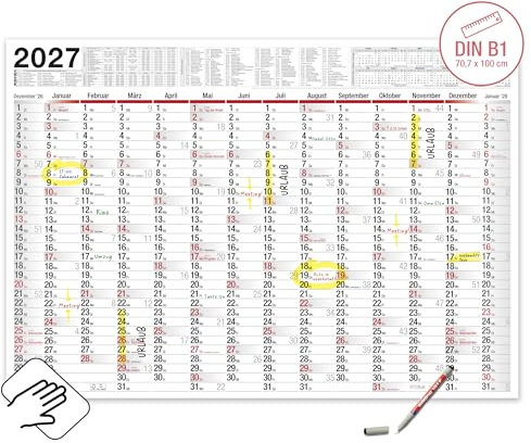 TOBJA® Wandkalender 2027 Groß Abwischbar mit Stift, Feiertagen und Ferien DE, AT | Jahresplaner 2027 XXL 100x70 cm, 14 Monate | Abwischbarer Kalender Gerollt [Abwischbar + 1 Stift Schwarz]