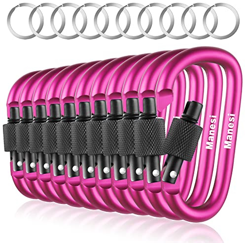 10 Pack Aluminum D Ring Key Rings Clips Locking Carabiner for Camping Fishing and Outdoor Use，Clips with Screw Gate Multicolored