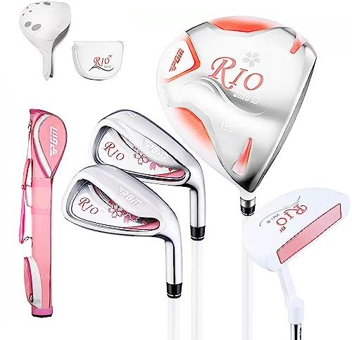 PGM Women's 4-Piece Golf Club Set - Titanium 1 Wood, 2 Irons, 1 Putter with Golf Stand Bag - Graphite Shaft - Right Handed