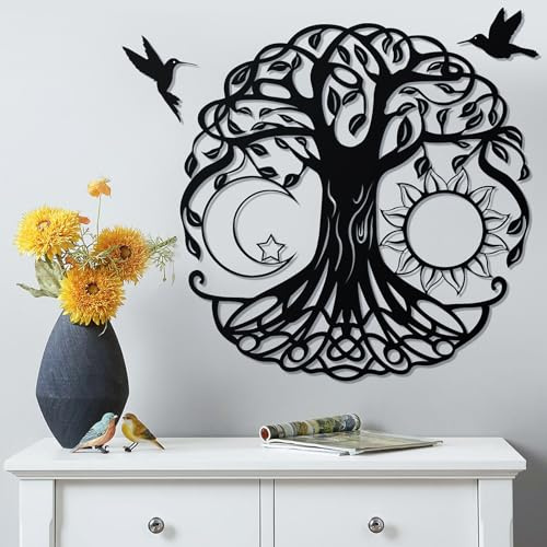 12in Baum des Lebens Metall Wandkunst, schwarzes Metall Kunstwerk für Wand mit 2 Stück schwarzem Metall Vogel Silhouette, Baum des Lebens Wanddekor für nordische Dekor Wohnzimmer Outdoor Indoor