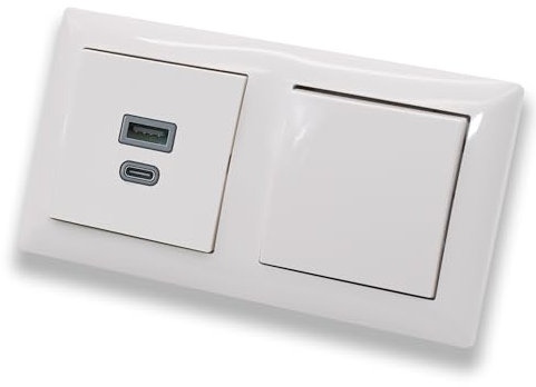EBROM USB-C und USB-A Unterputz Steckdose/Lader, 45+15 Watt Leistung – Schnellladefunktion für Wearables, Smartphones und Tablets mit Busch Jäger Kreuzschalter 2000/7 US in Balance Si alpinweiß