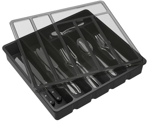 Lifewit Portaposate con Coperchio, Contenitore Porta Posate da Cassetto per Cucina, Organizer in Plastica per Cassetto per Cucchiai, Forchette, Coltelli, 6 Scomparti, Nero