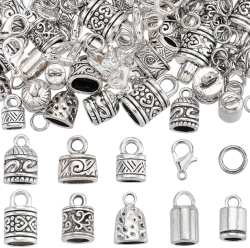 SUNNYCLUE 1 låda med 230 st antika tibetanska silverläder snörändar Kumihimo för armband, limtillbehör i krympändar, rörspets, hummerlås, hoppringar