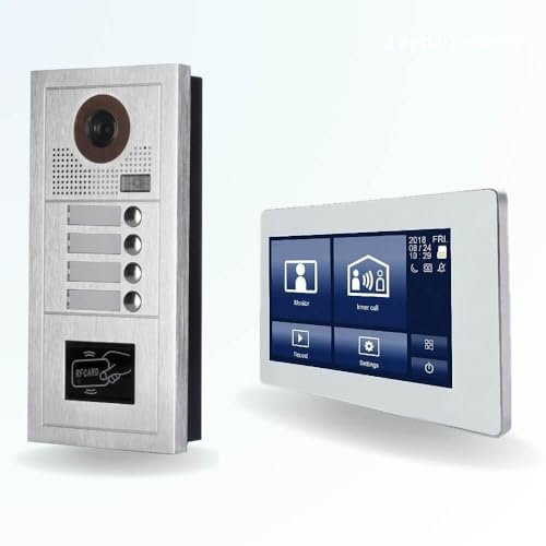 BT Security Portier interphone vidéo Modern 2 Fils - 4 Appartements - 4 écrans tactiles connectés 7 Blanc - avec Lecteur de Badge