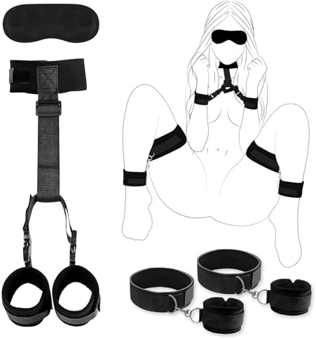 BDSM Sex Bondage Restraint Kit Sex Toy, Adjustable Neck to Wrist Restraints with Thigh & Wrist Handcuffs Blindfold, Bondages Gear & Accessories Bed SM Play for Couples Women Men