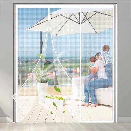 Magnetisches Fliegengitter für Türgitter 190x275cm Robuster Fliegengitterverschluss für Doppeltüren mit Magneten zum Schieben, Terrasse, Französisch, Vorder Weiß