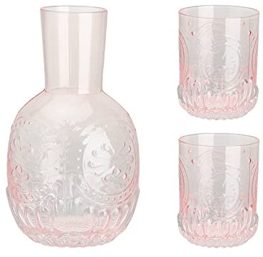 Glass Water jug,Bedside Water Carafe and Glass Set, 1300ML (45 Oz) Vintage Nightstand Glass Carafe with 2 Pcs Cup, Glass Juice Mouthwash Bottle (Color : Pink)