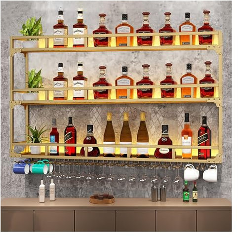 Portabottiglie Da Parete, Porta Bottiglie Di Vino Da Parete Con Ripiano Espositivo, Metallo Porta Vino Con Luce LED, Vetrinetta Pensile Da Parete, Per Casa, Bar, Sala Da Pranzo, Cucina(Color:Gold,Size