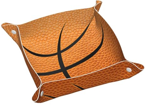 SHIRMDIY Basketball Print Faux Leather Jewelry Catchall Tray Trinket Dish, Ball Valet Tray Portable Desk Storage for Keys Wallet Watch-9.8x9.8 In