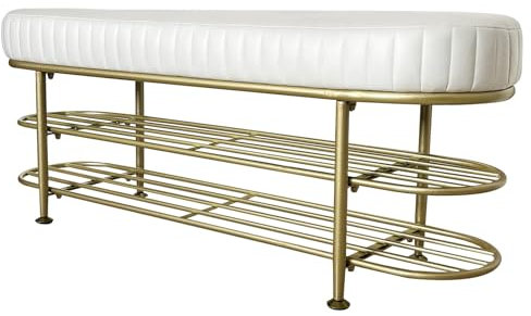 Schuhbank mit gepolstertem Kunstledersitz – Goldene Metall-Bettbank für Schlafzimmer, Bettende, Schrank, Flur, Schuhregal, Organizer für Wohnzimmer und Tür
