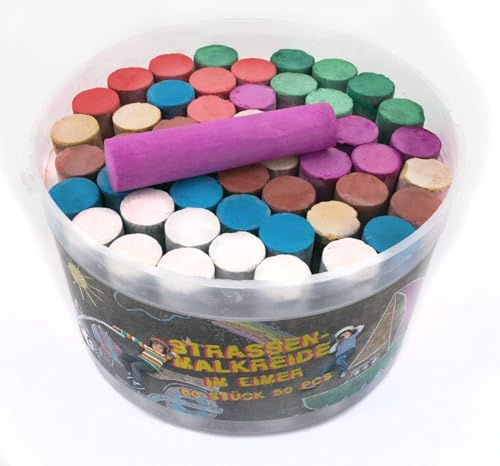 TerCasa 998706 gatumålningskritor glitter set om 50 i hink med lock och handtag, 30 färgade och 20 glitter målkritor för gatstenar eller asfalt, gatkritor för barn från 3 år