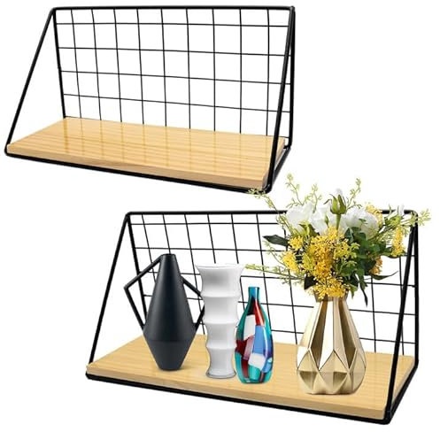 FANWINKJ Wandregal Schwarz 2er Set – Schwebendes Metallregal mit Holzbrett für Bad, Küche, Wohnzimmer, Büro – Wandmontage Hängeregal zur Deko & Aufbewahrung
