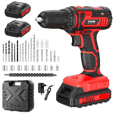 Casals - Taladro Atornillador Electrico 12V | 1400 RPM | 2 Baterías | 1500mAh Batería Larga Duración | 18+1 Posiciones | 9 Brocas + 9 Llaves + 4 Puntas + Eje Flexible + Adaptador Hexagonal + Maletín