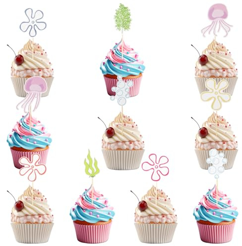 24pcs Jellyfish Bubbles Flowers Cupcake Toppers, Under The Sea Theme Cake Decorations Starfish Bubble Jellyfish Seaweed Perfect Cupcake Toppers for Birthday Party Wedding