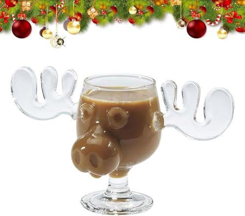 Christmas Eggnog Moose Mug, Christmas Elk Glasses National Christmas Holiday, Xmas Vacation Movie Moose Glass, Glass Safe Packaging, 240ml Clear Coffee Mugs Gifts for Family Friends Party（1pcs