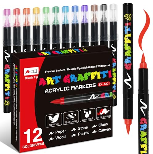 Alitastro Paint Pens Acrylic Markers - 12 Colors Brush Tip Water Based Marker Pens for Rock Painting, Wood, Ceramic, Glass, Acrylic Paint Markers for Christmas Easter Egg Pumpkin Making