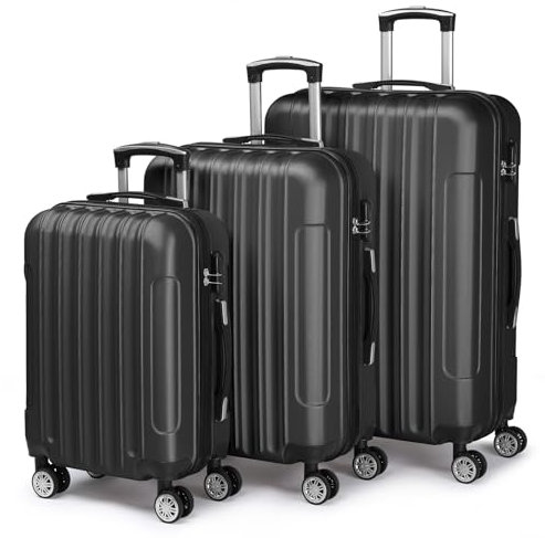 LALAHO Kofferset 3 teilig, Reisekoffer Set, Hartschalen Koffer Set aus ABS, Gepäckset mit Teleskopgriff, Handgepäck, Schwarz