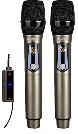 Wireless Dynamic Microphone Set - Rechargeable Cordless Mic System with Mini Portable Receiver and 2 Handheld LED Display Mics for Karaoke Nights and Universal Speakers