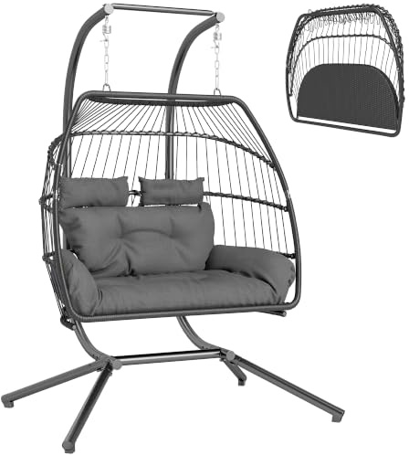 Outsunny Rattan Double Hanging Egg Chair with Stand 260 kg Dark Grey | Foldable, Wicker Egg Swing, 2 Seater, Cushion, Head Pillows, Steel Frame, Hammock Chair, Indoor Outdoor