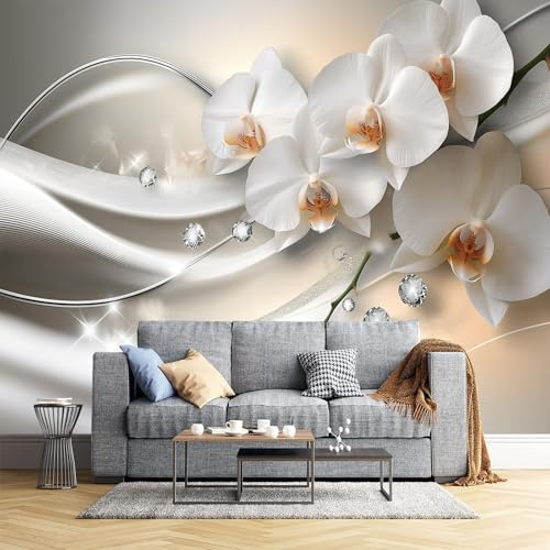 DLERFLOVR Papier Peint - Orchidée Blanche - 3D Poster Geant Mural Photo Sticker Motif De Ruban Élégant Décoration Murales pour Salon Chambre Canapé Restaurant Tv Fond Mur