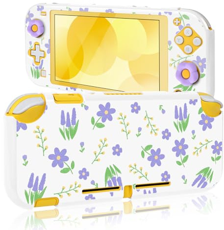 DLseego Coque de Protection pour Switch Lite,Impression de Fleur PC Dur Protection Complète Coque Cover Anti-Rayures Peau avec 2PCS Capuchons de Poignée de Pouce,Blanc